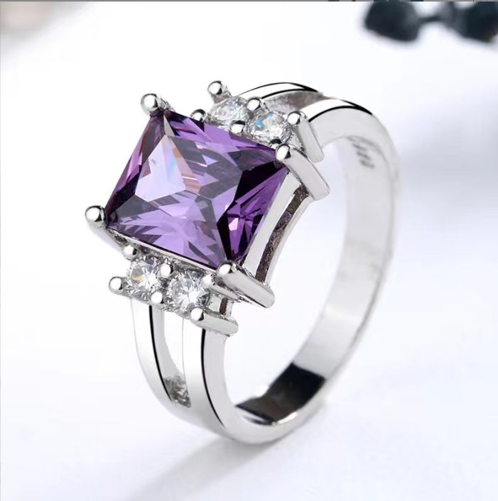 Square Cubic Zirconia Engagement purple Rhinestone Rings for Women