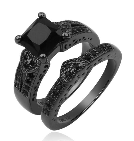 Women's Black Onyx Princess Cut & Black Gold Filled Heart Shape Anniversary Wedding Bridal Ring Set