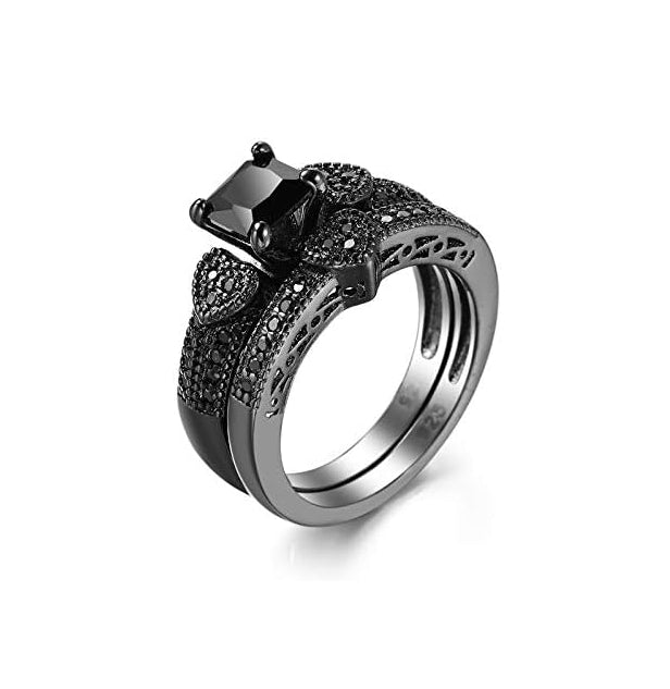 Women's Black Onyx Princess Cut & Black Gold Filled Heart Shape Anniversary Wedding Bridal Ring Set