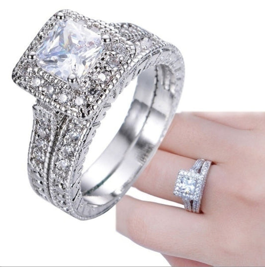 Vintage Fashion Women's Square Stone Ring Pattern Set Ring Square Cushion Cut Cubic AAA Zircon Statement Engagement Ring CZ Sparkling Wedding Ring