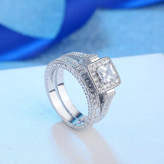 Vintage Fashion Women's  Square Stone Ring Pattern Set Ring Square Cushion Cut Cubic AAA Zircon Statement Engagement Ring CZ Sparkling Wedding Ring